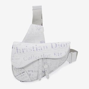 AUTH CHRISTIAN DIOR X DANIEL ARSHAM Grained Calfskin Newspaper Print Saddle Bag